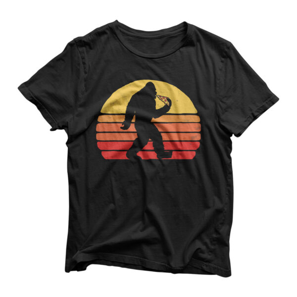 Sasquatch and Pizza! Funny Eating Bigfoot & 80s Sun Graphic T-Shirt
