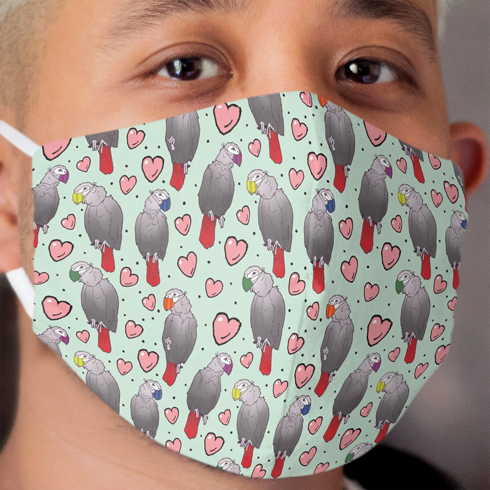 African Grey Parrot wearing medical Cloth Face Mask