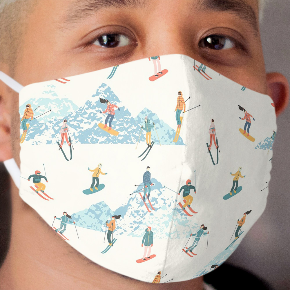 Alpine Mountain Ski Resort | Skier Snowboarder Pattern | Skiing Snowboarding | Rocky Mountain Snow Powder Cloth Face Mask
