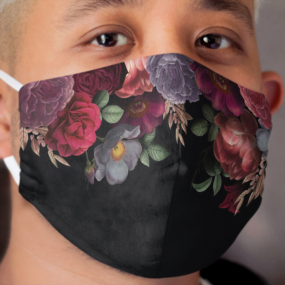 Antique Botanical Night Watercolor Roses on Black Cloth Face Mask
