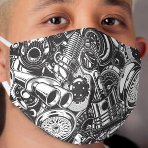 Automobile Spare Parts - Car Engine, Piston and Wheels - Petrol Head Auto Garage Art Cloth Face Mask