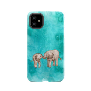 Baby Elephant Love - Sepia On Teal Watercolour Tough Phone Case