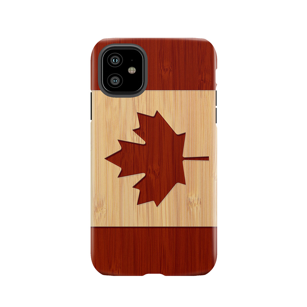 Bamboo Look & Engraved Canada Flag Maple Leaf Tough Phone Case