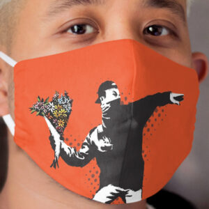 Banksy graffiti Protest anarchist throwing flowers Thrower Make Art not war on orange background HD HIGH QUALITY ONLINE STORE Cloth Face Mask