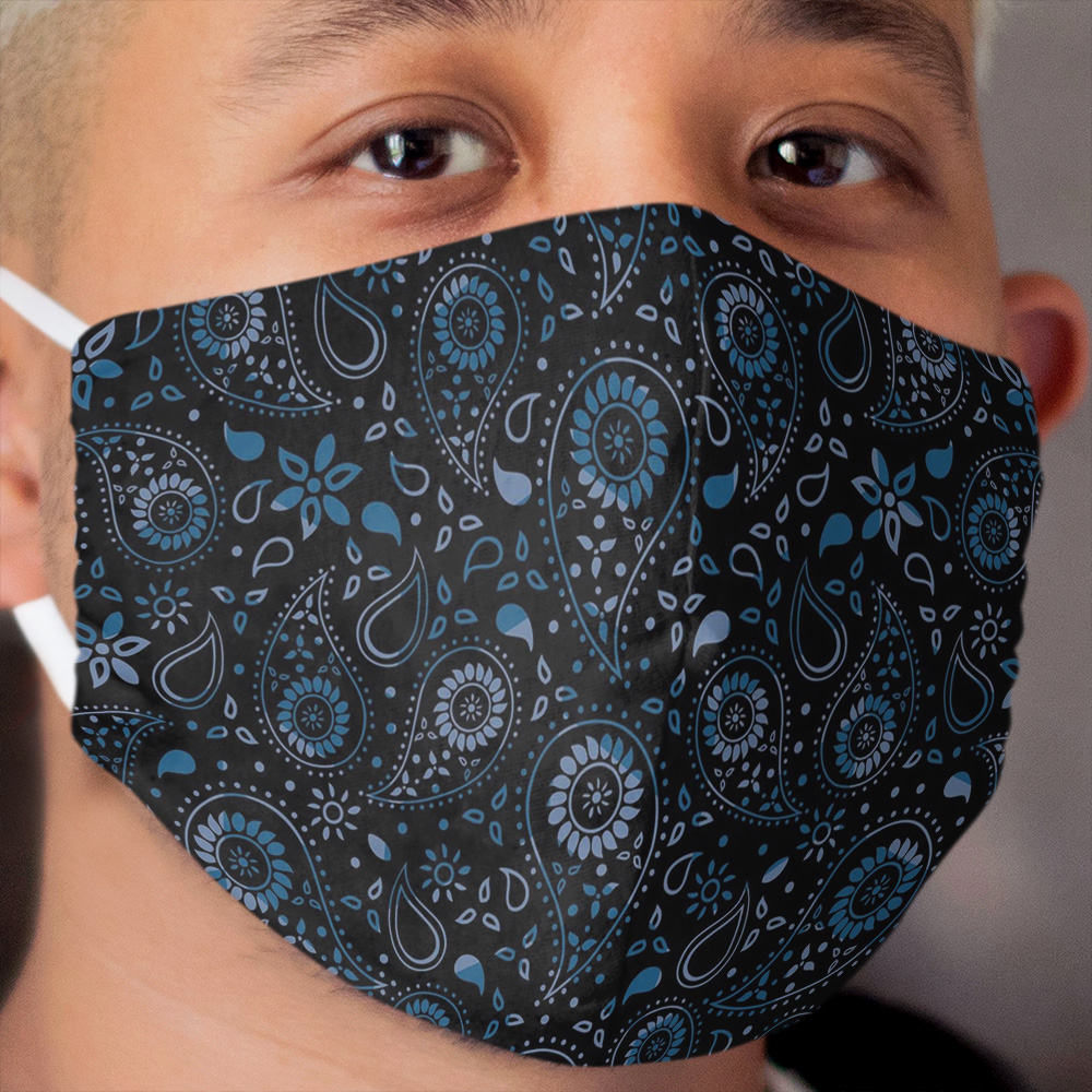 Beautiful Paisley Floral Pattern - Shades of Blue on Black Cloth Face Mask