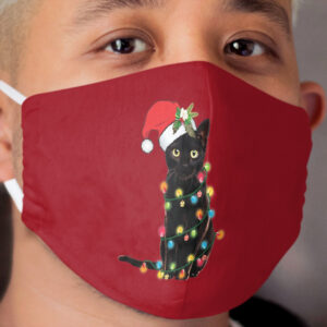 Black Santa Cat Tangled Up In Lights Christmas Santa Illustration Cloth Face Mask