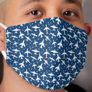 Blue and White Aeroplanes Silhouette Pattern Cloth Face Mask