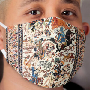 Blue Antique Persian Isfahan Silk Rug with Flowers Animals Print Cloth Face Mask