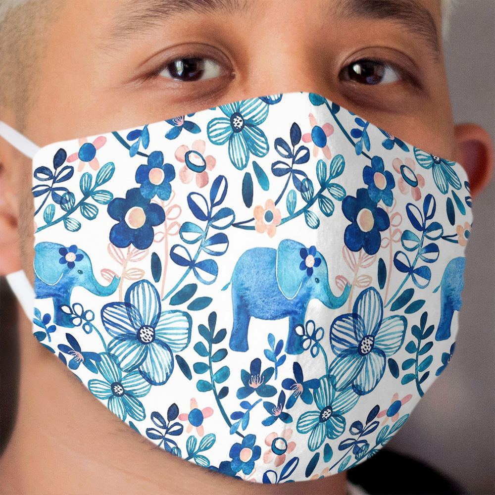 Blush Pink, White and Blue Elephant and Floral Watercolor Pattern Cloth Face Mask