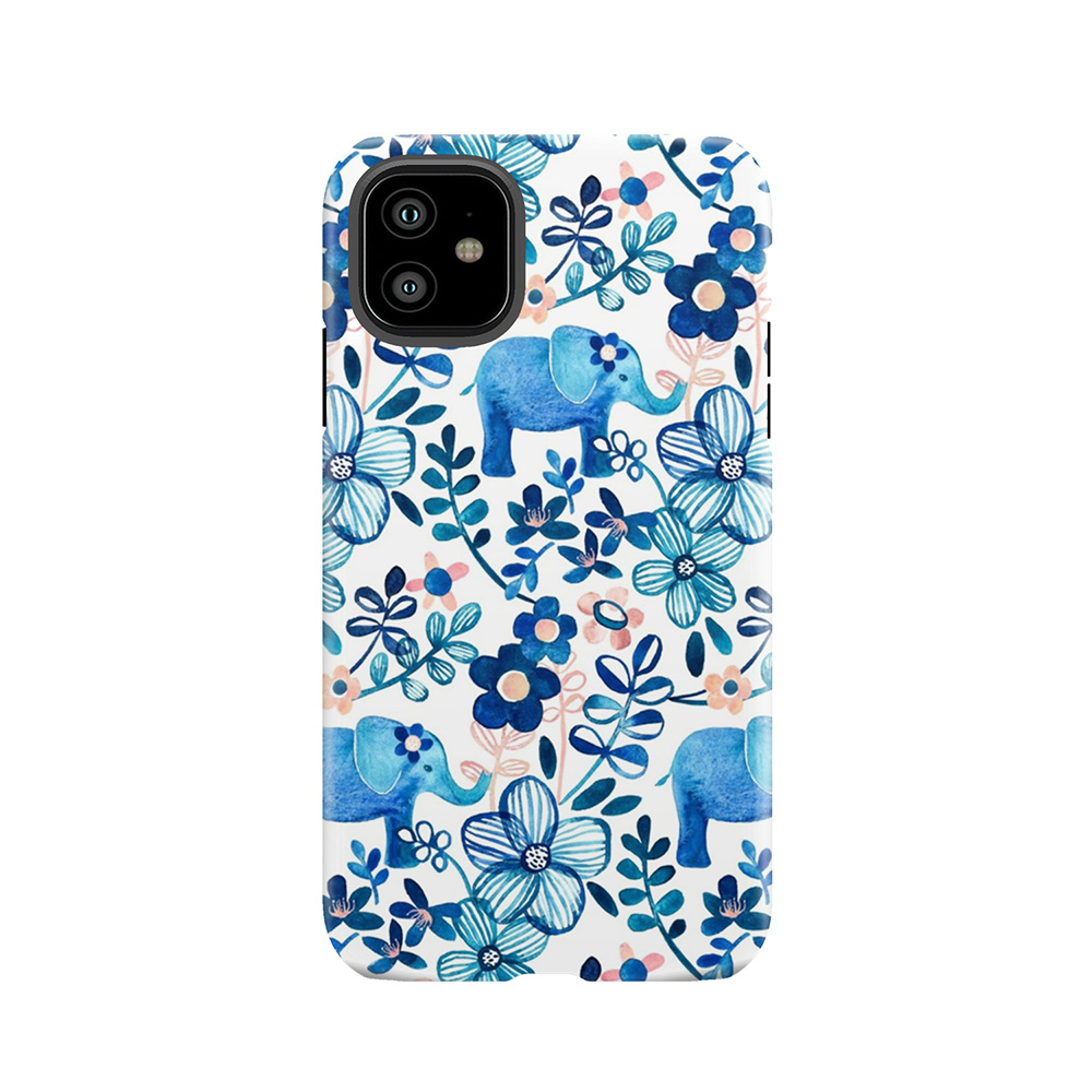 Blush Pink, White And Blue Elephant And Floral Watercolor Pattern Tough Phone Case
