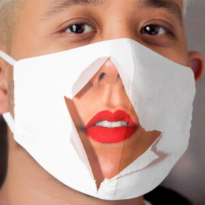 Cant Breathe - Red Lips peeping through a hole in white paper Cloth Face Mask
