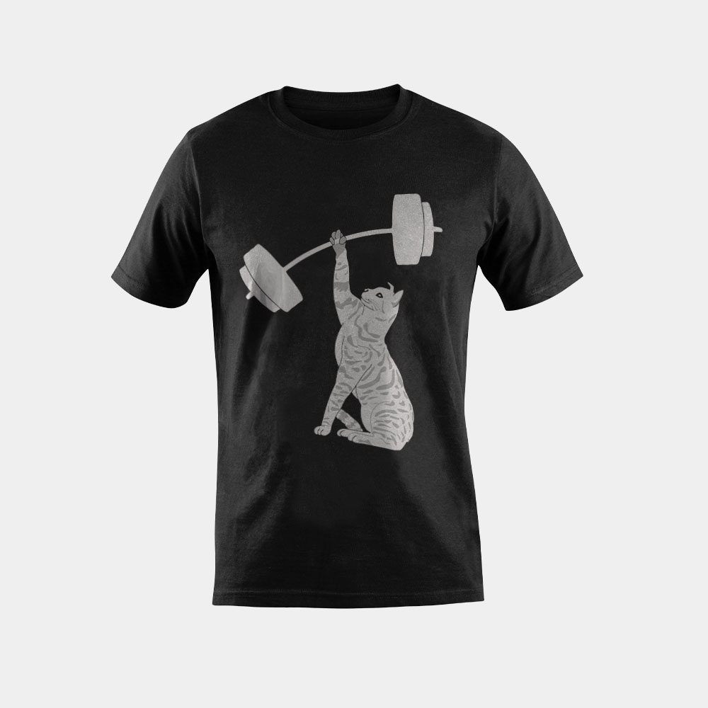 Cat Deadlifting Funny Fitness Gym Lover Cat BarBell T-Shirt