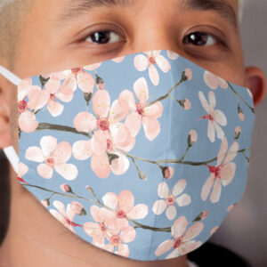 Cherry Blossom, blush pink watercolor on slate blue Cloth Face Mask