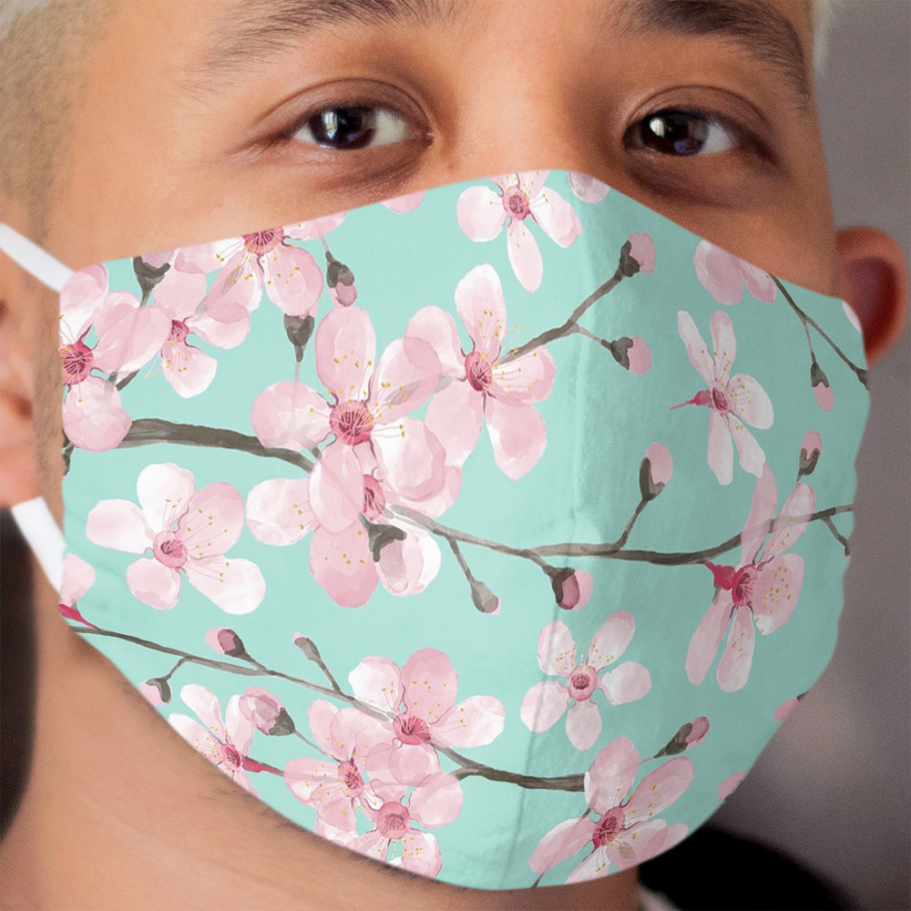 cherry blossom on mint, pink cherry blossom watercolor Cloth Face Mask
