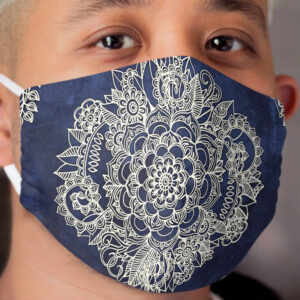 Cream Floral Moroccan Pattern on Deep Indigo Ink Cloth Face Mask