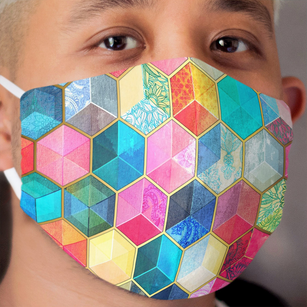 Crystal Bohemian Honeycomb Cubes - colorful hexagon pattern Cloth Face Mask