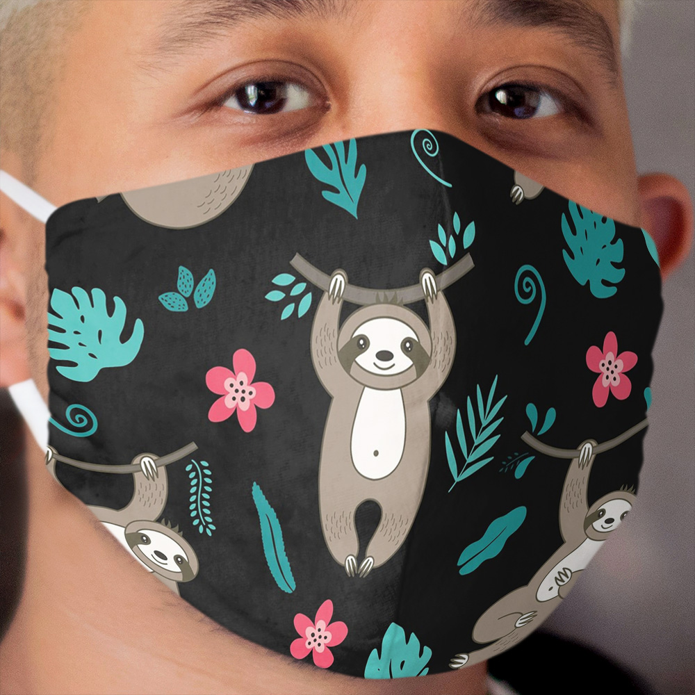 Cute Sloths: Floral blue and red sloth pattern Cloth Face Mask