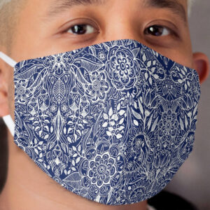 Detailed Floral Pattern in White on Navy Cloth Face Mask
