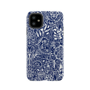 Detailed Floral Pattern In White On Navy Tough Phone Case