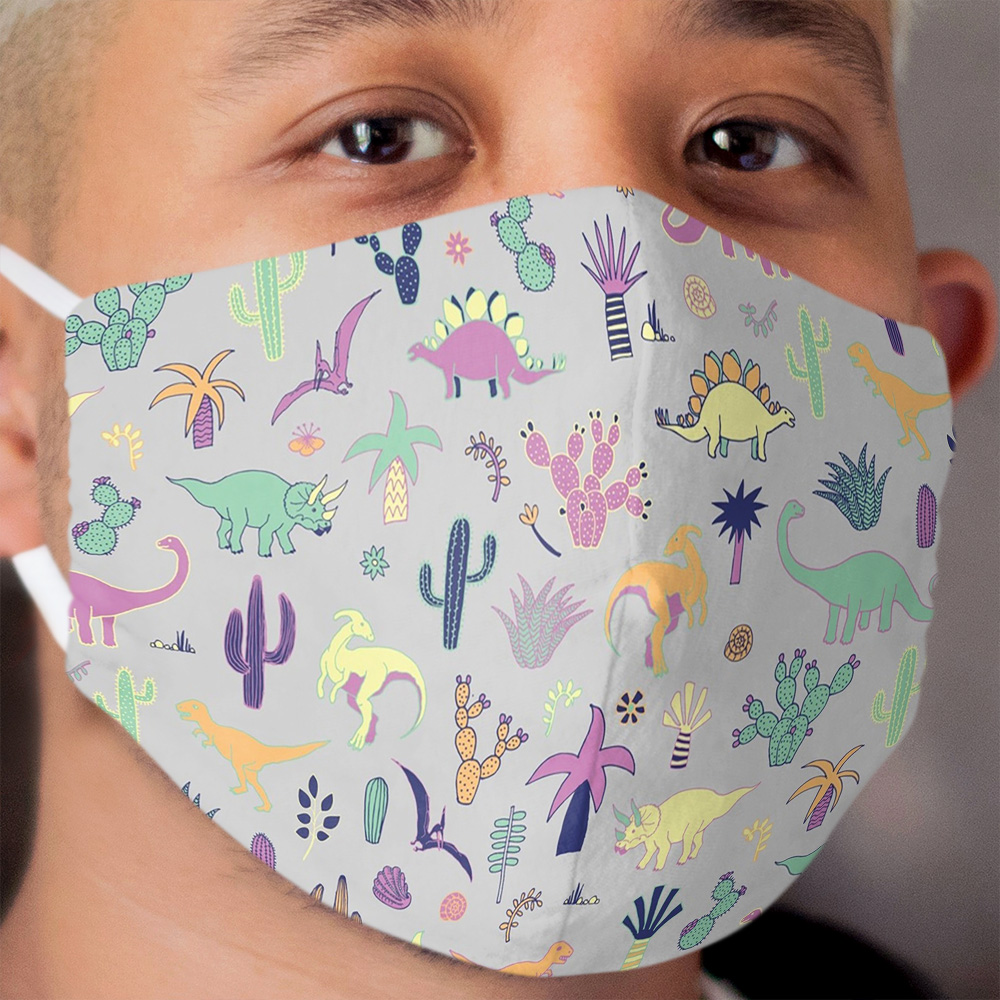 Dinosaur Desert - peach, mint and navy - fun pattern by Cecca Designs Cloth Face Mask