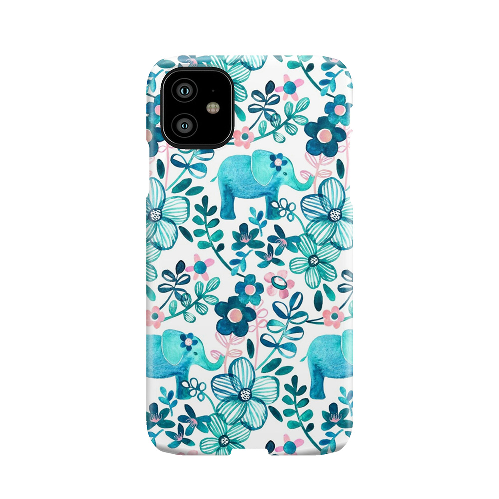Dusty Pink, White And Teal Elephant And Floral Watercolor Pattern Phone Case