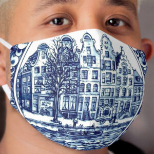 DUTCH BLUE DELFT : Vintage Boats in Canal Amsterdam Print Cloth Face Mask