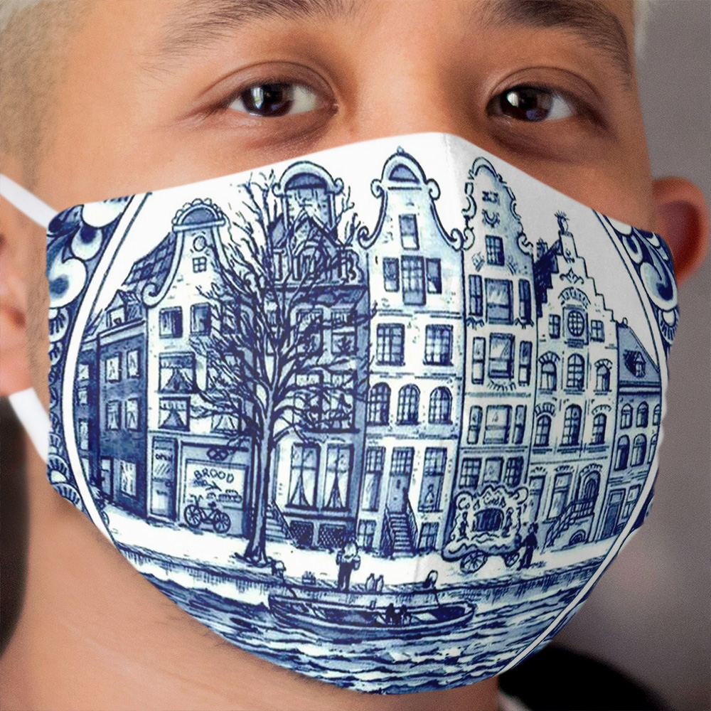 DUTCH BLUE DELFT : Vintage Boats in Canal Amsterdam Print Cloth Face Mask