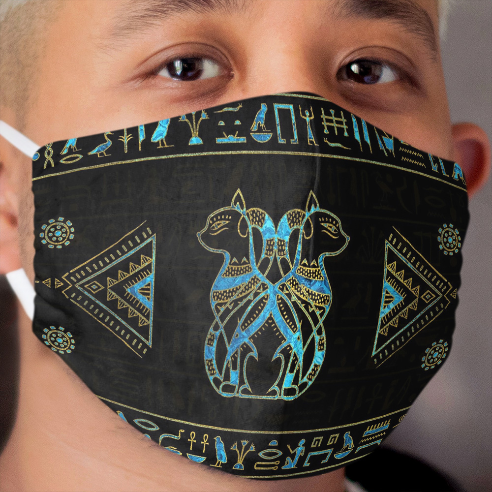 Egyptian Cats Gold and blue stained glass Cloth Face Mask