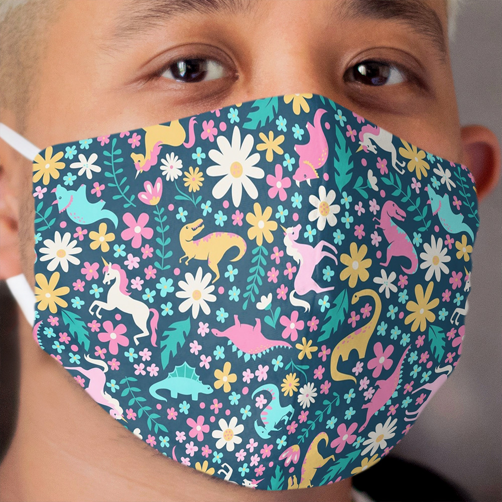 Floral Burst of Dinosaurs and Unicorns in Neon Cloth Face Mask