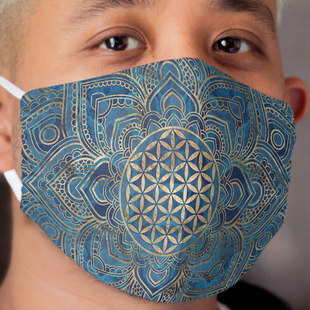 Flower of Life in Lotus Mandala - Blue Marble and Gold Cloth Face Mask