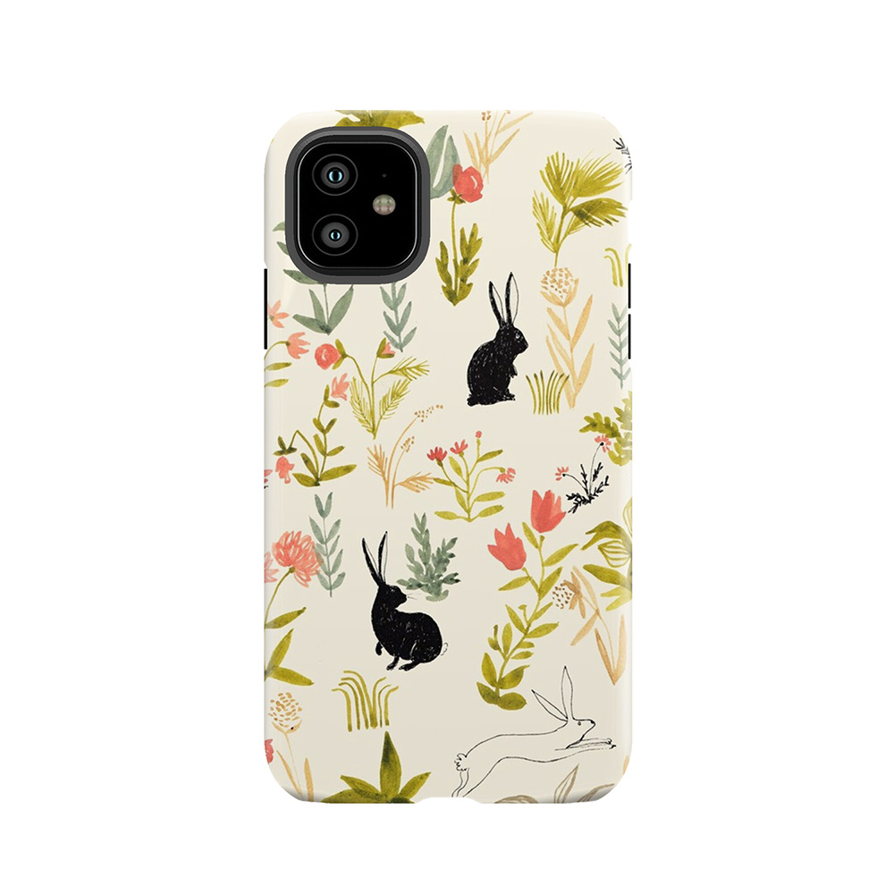 Flowers Pattern With Little Black Rabbits Tough Phone Case