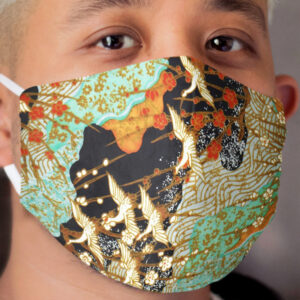 FLYING CRANES AND SPRING FLOWERS Antique Japanese Floral Cloth Face Mask