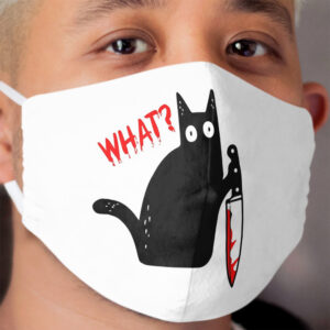 Funny Murderous Cat Holding Knife Halloween Costume - Black Cat WHAT? Cloth Face Mask