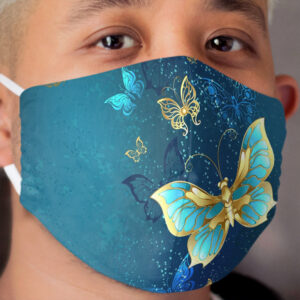Golden Butterflies on a Blue Background Cloth Face Mask