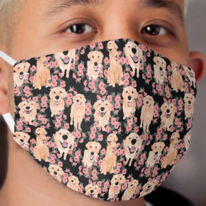 Golden Retrievers and flowers on Black Cloth Face Mask