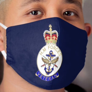 HM FORCES VETERAN BADGE. BRITISH VETERAN. On Navy Blue. Cloth Face Mask