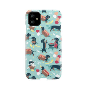 Hot Dogs And Lemonade // Aqua Green Background Navy And Brown Dachshunds Phone Case