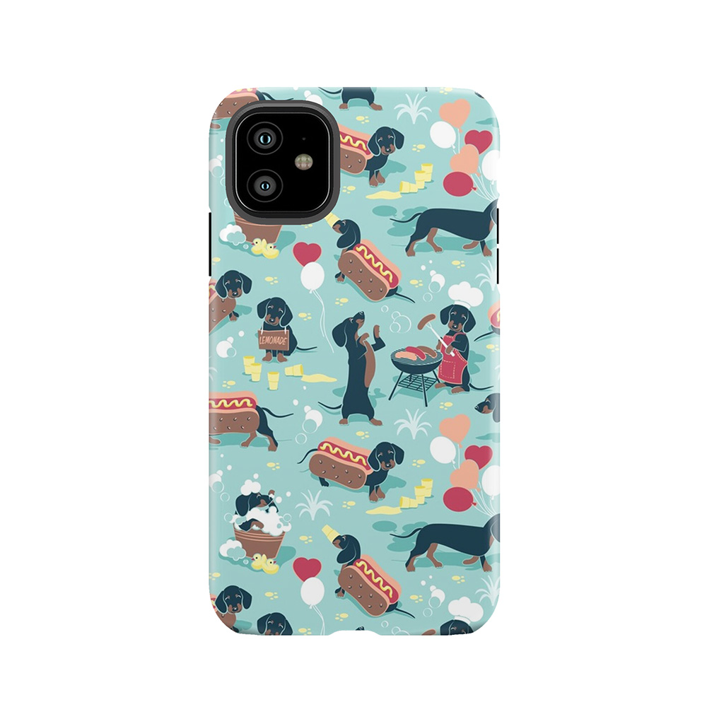 Hot Dogs And Lemonade // Aqua Green Background Navy And Brown Dachshunds Tough Phone Case
