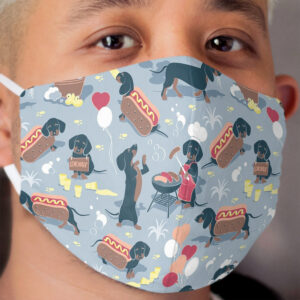 Hot dogs and lemonade // pastel blue background navy and brown dachshunds Cloth Face Mask