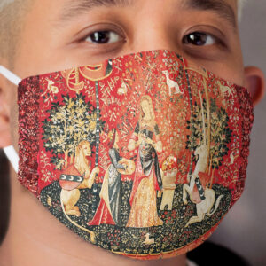 LADY AND UNICORN ,SMELL ,Lion,Fantasy Flowers,Animals Red Green Floral Cloth Face Mask