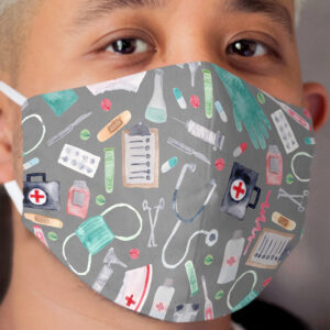 Medical Pattern | Doctor | Nurse | Watercolor | Grey Texture Cloth Face Mask