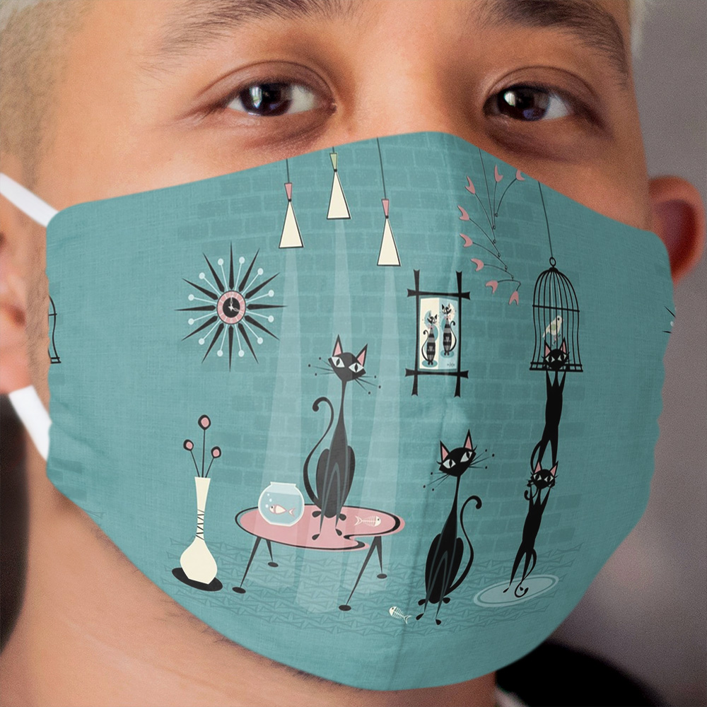 Mid Century Kitty Mischief III ©studioxtine Cloth Face Mask
