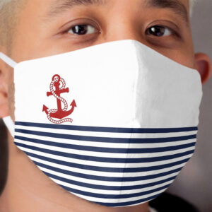 Nautical navy blue and white stripes with a red anchor Cloth Face Mask