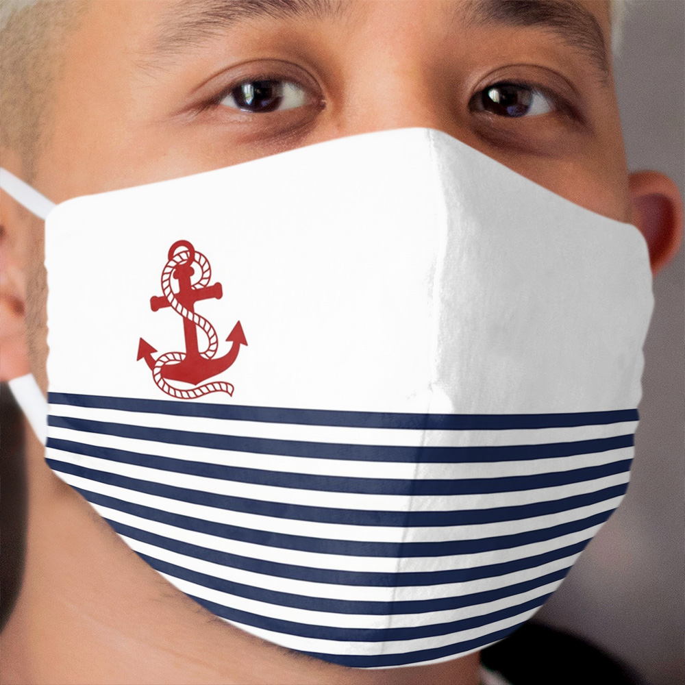 Nautical navy blue and white stripes with a red anchor Cloth Face Mask