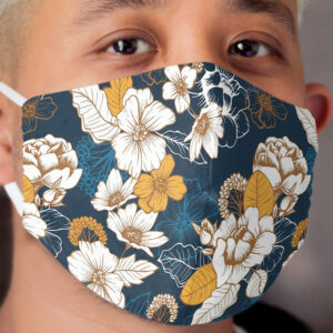 Navy and Gold Peony and Blossom Seamless Pattern Cloth Face Mask