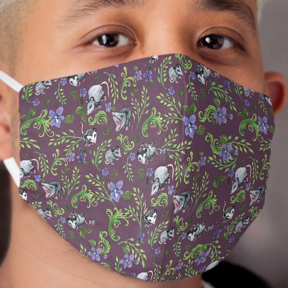 Opossum, Fern, & Violet Print Cloth Face Mask