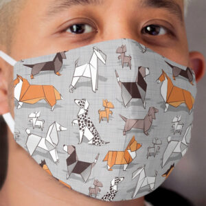 Origami doggie friends // grey linen texture background Cloth Face Mask