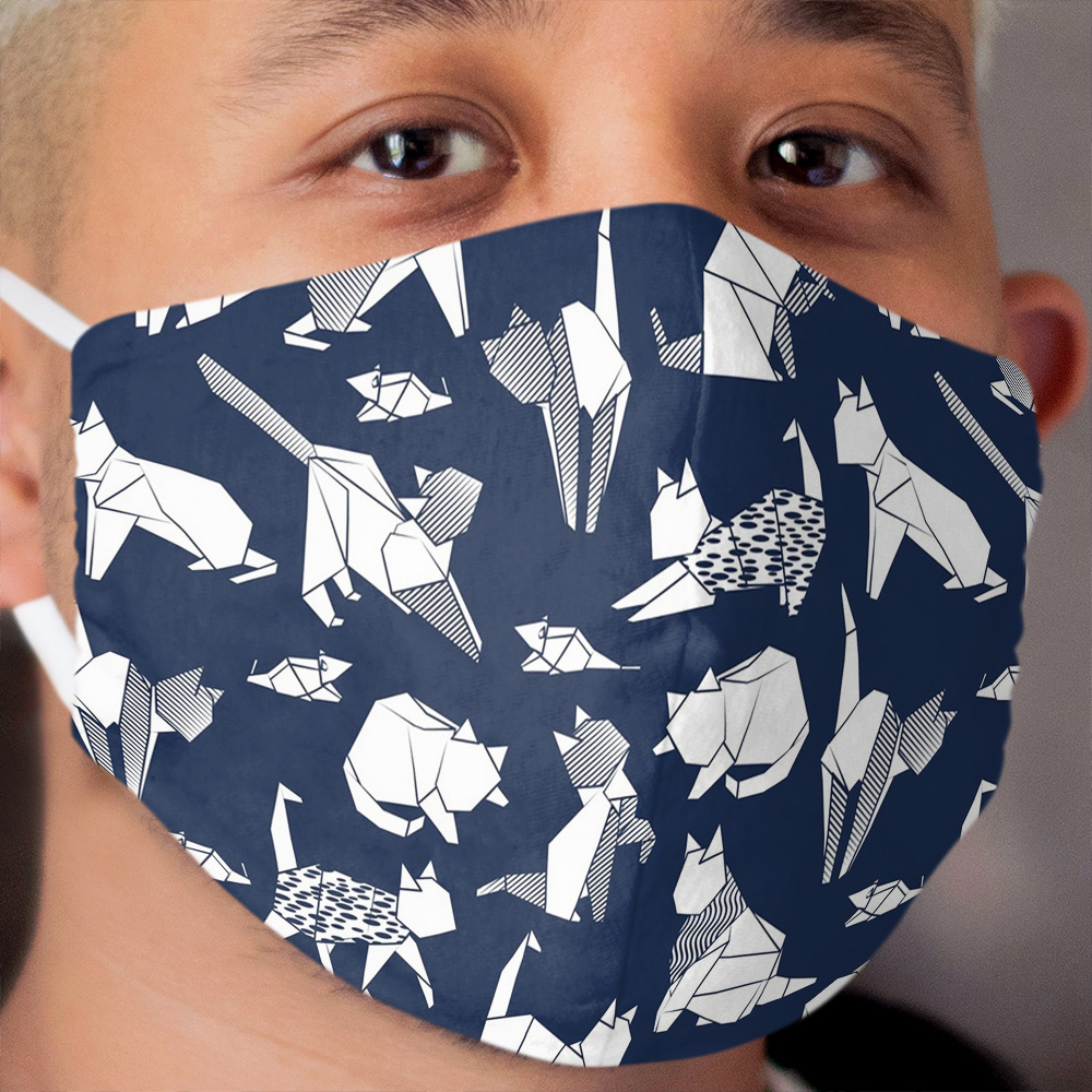 Origami kitten friends // blue navy background paper cats Cloth Face Mask