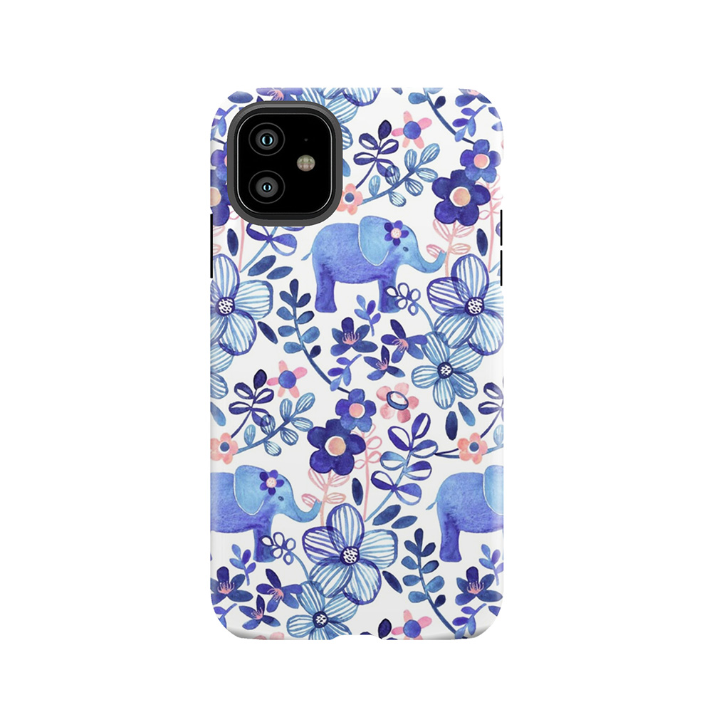 Pale Coral, White And Purple Elephant And Floral Watercolor Pattern Tough Phone Case