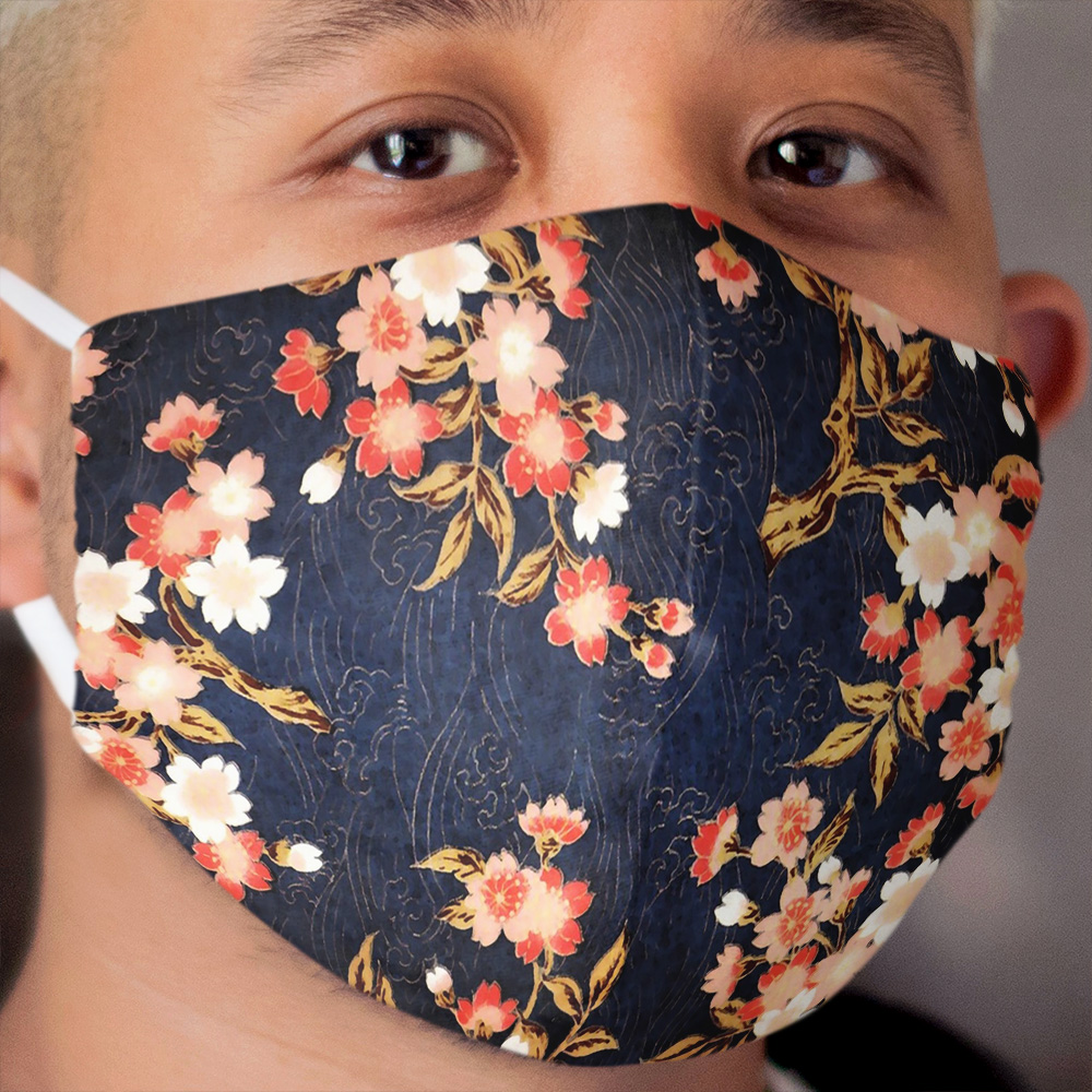 PINK RED WHITE SPRING FLOWERS IN DEEP BLUE Japanese Floral Cloth Face Mask